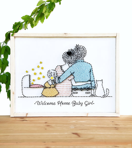 Happy family of five with kitty