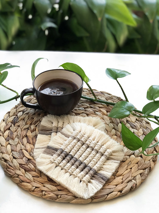 Macramé square coasters - coffee brown & sand