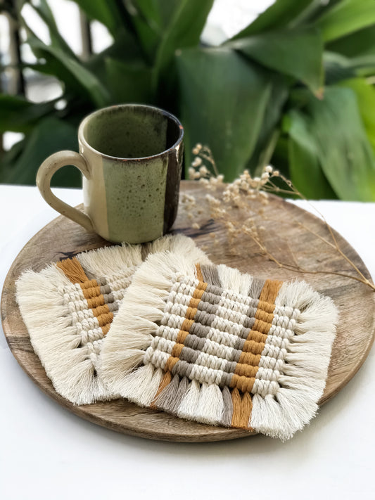 Macramé square coasters - mustard & sand