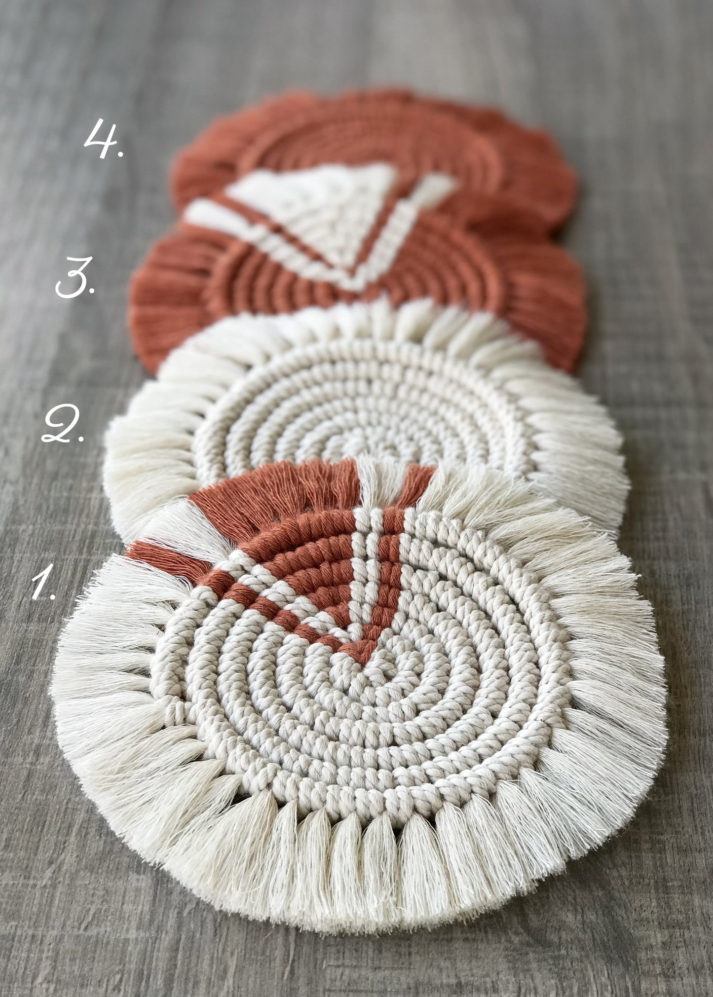 Macramé round coasters - teracotta red