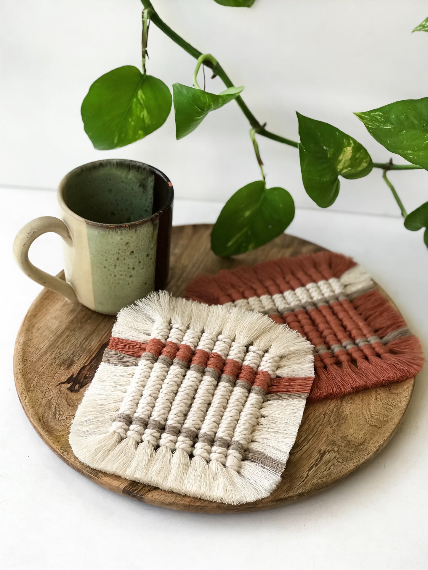 Macramé square coasters - terracotta & sand