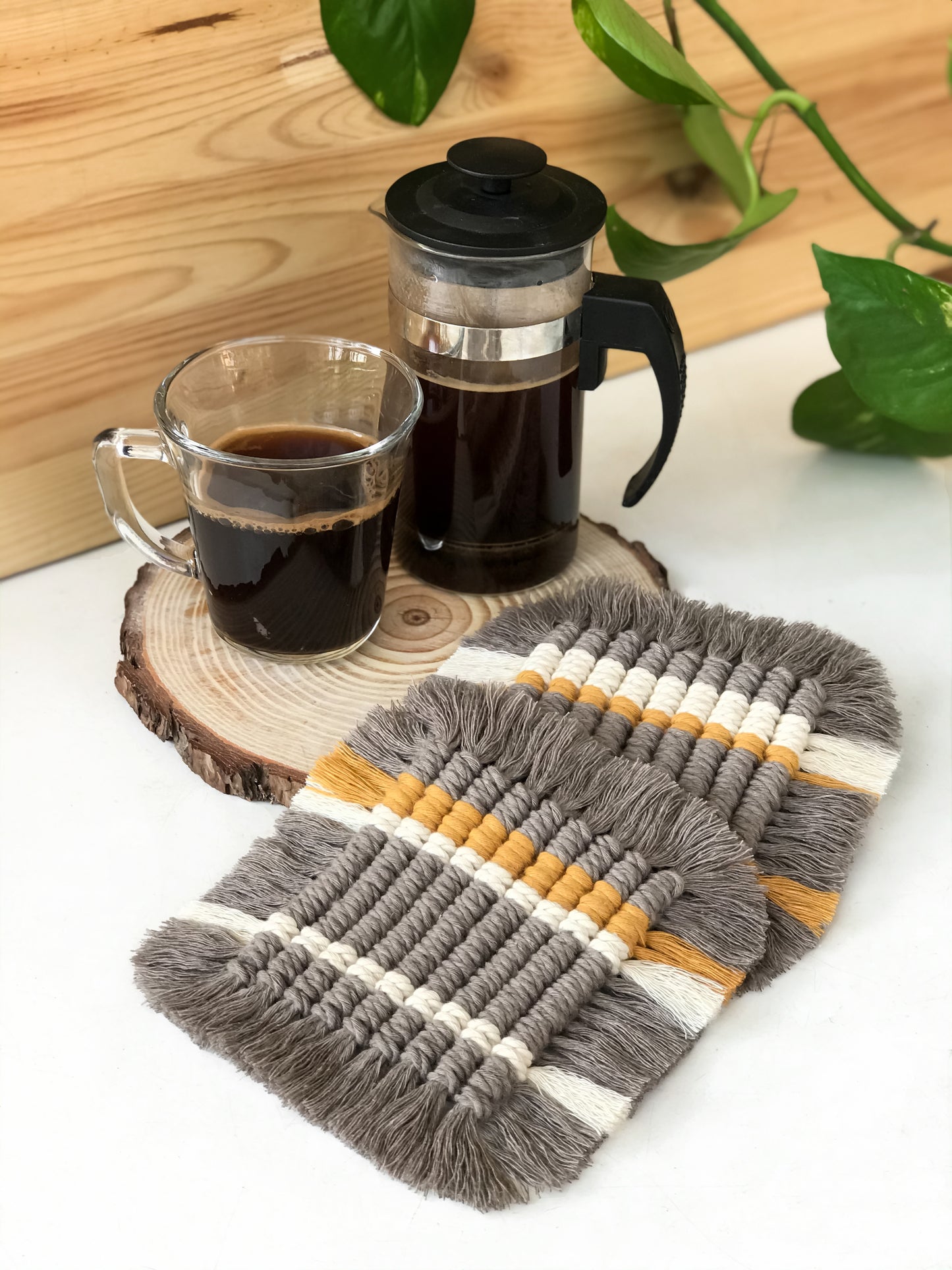 Macramé square coasters - coffee brown & mustard