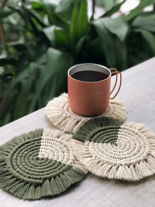 Macramé round coasters- avocado green