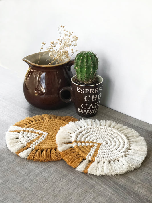 Macramé round coasters - mustard yellow