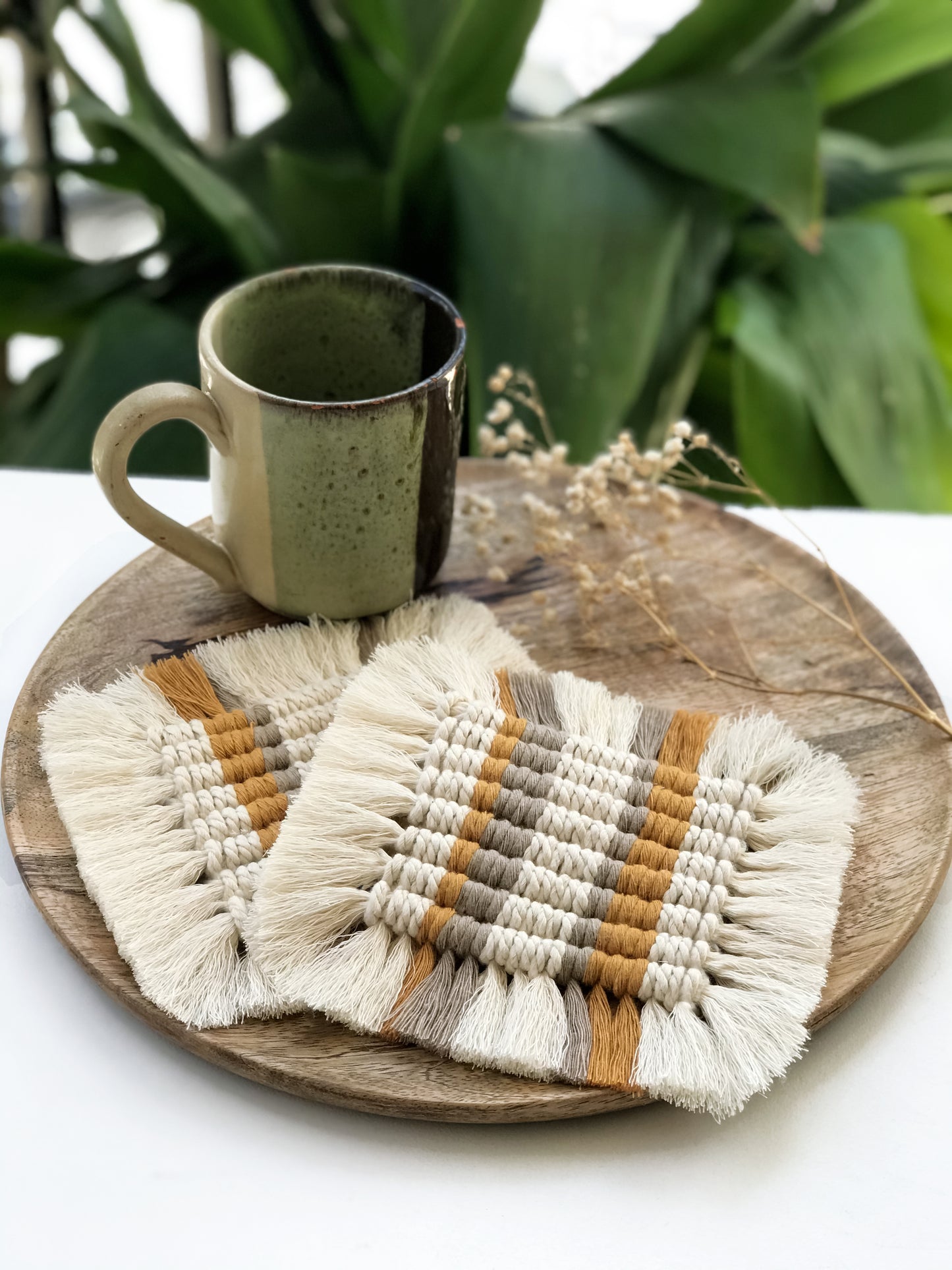 Macramé square coasters - mustard & sand