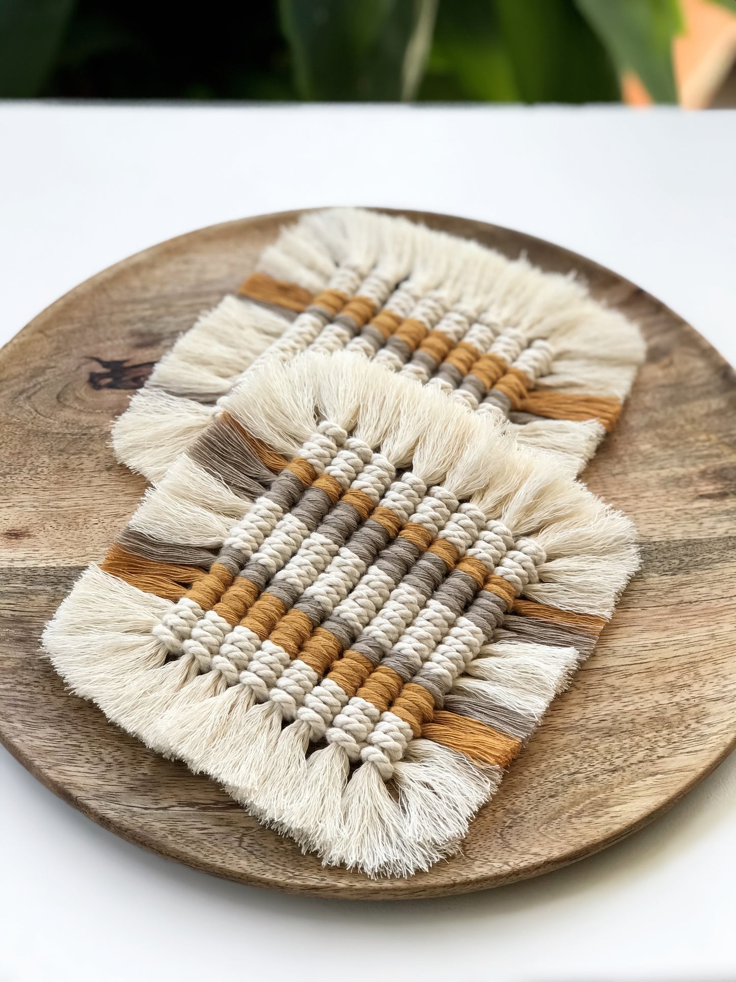 Macramé square coasters - mustard & sand