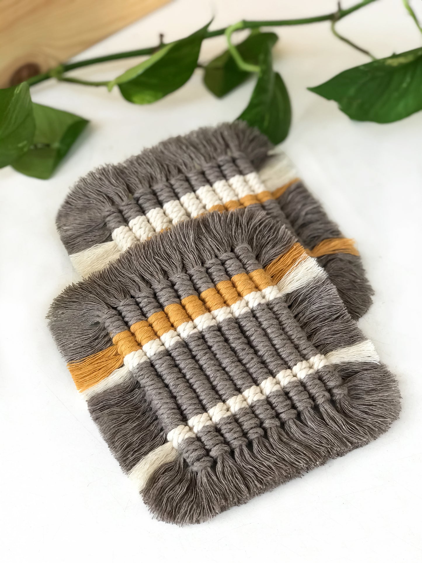 Macramé square coasters - coffee brown & mustard
