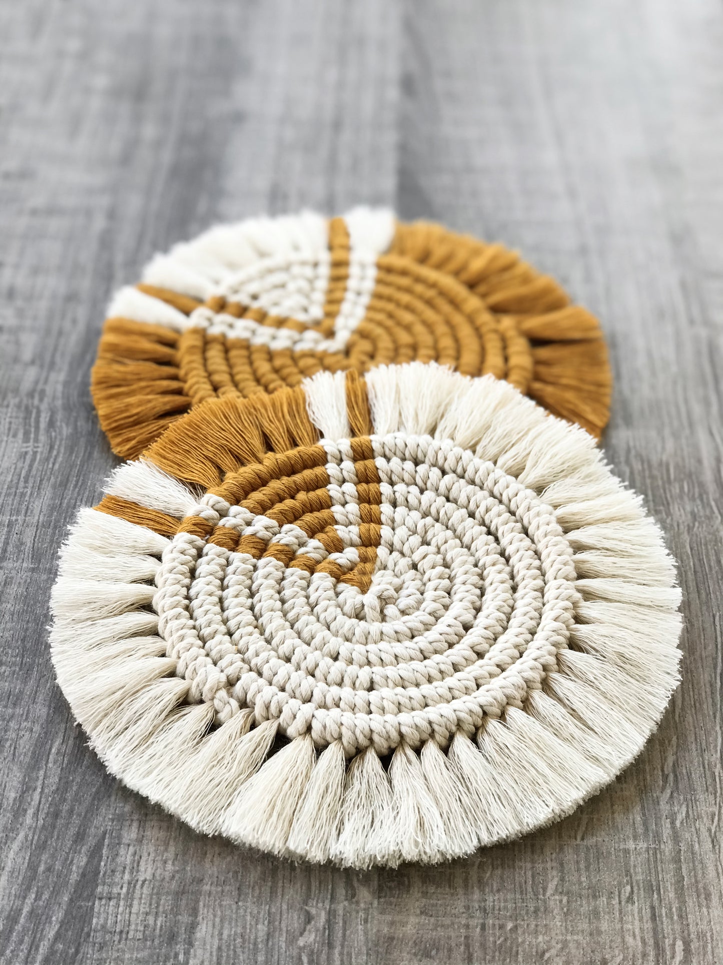 Macramé round coasters - mustard yellow