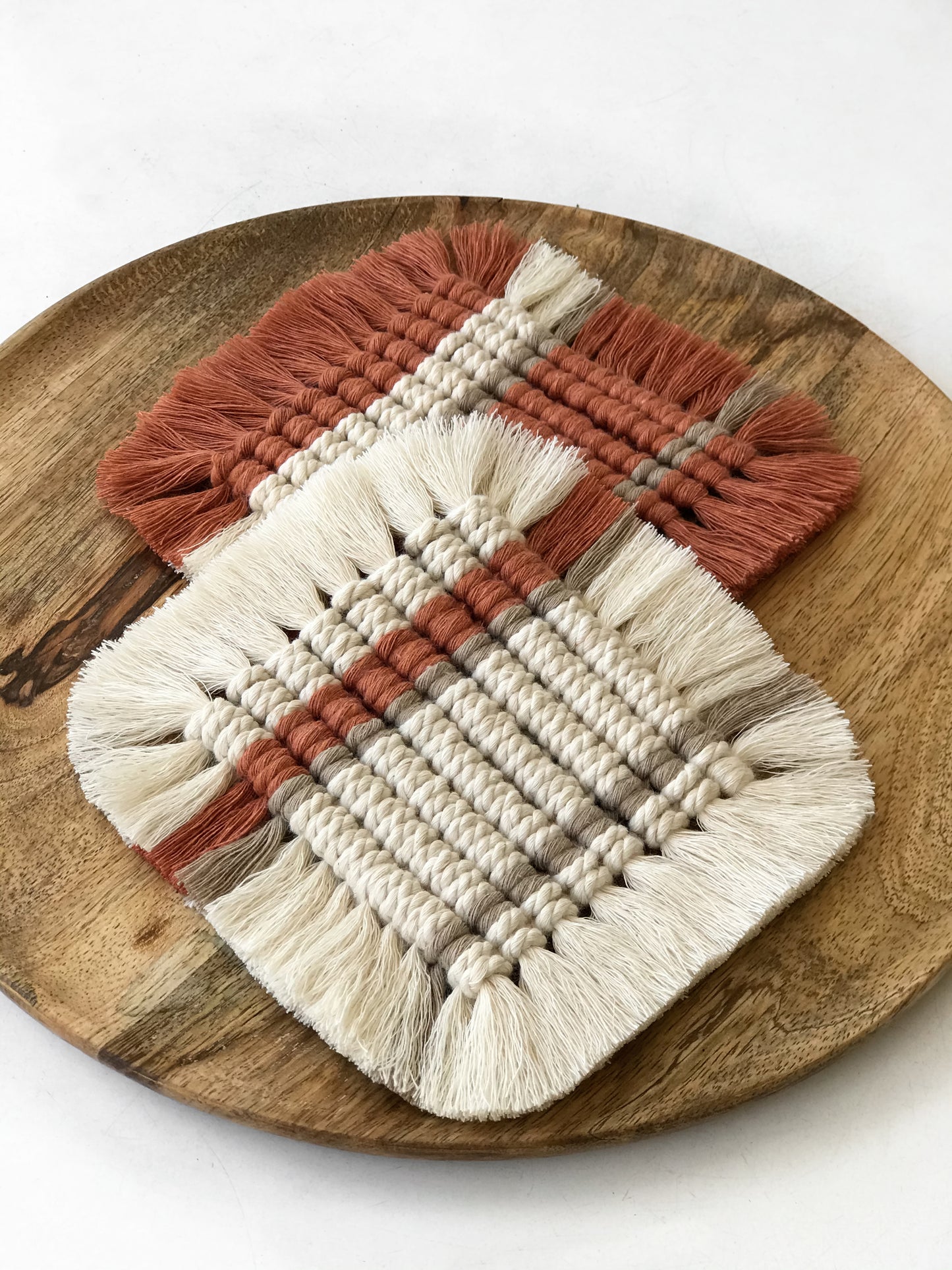 Macramé square coasters - terracotta & sand