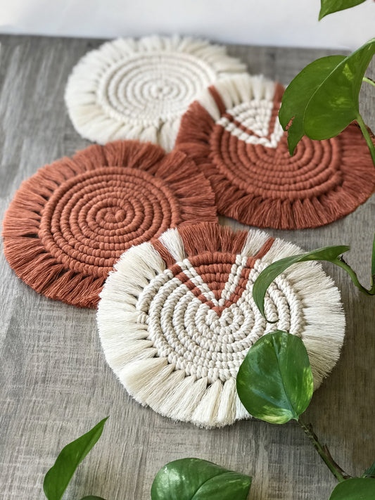 Macramé round coasters - teracotta red